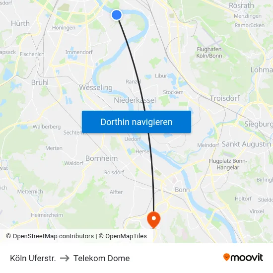 Köln Uferstr. to Telekom Dome map