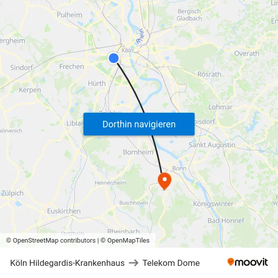 Köln Hildegardis-Krankenhaus to Telekom Dome map