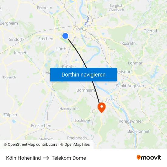Köln Hohenlind to Telekom Dome map