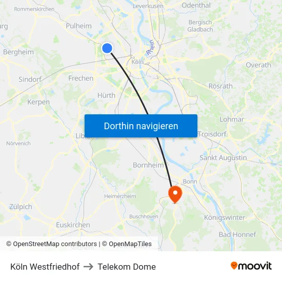 Köln Westfriedhof to Telekom Dome map