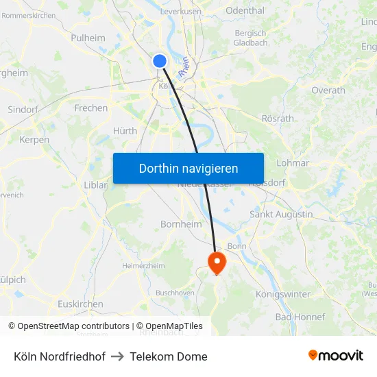 Köln Nordfriedhof to Telekom Dome map