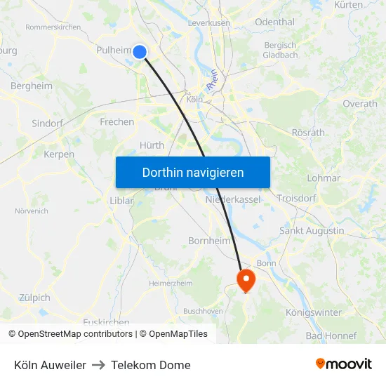 Köln Auweiler to Telekom Dome map