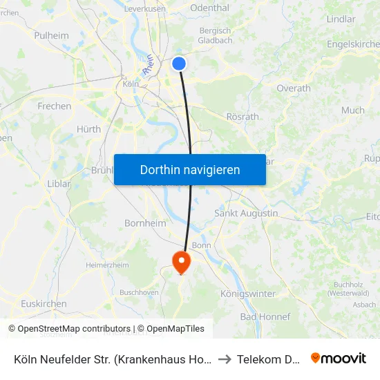 Köln Neufelder Str. (Krankenhaus Holweide) to Telekom Dome map