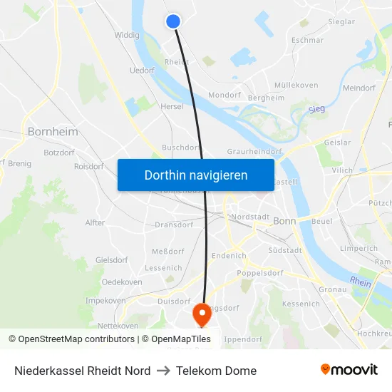 Niederkassel Rheidt Nord to Telekom Dome map