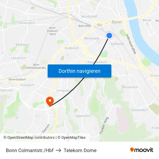 Bonn Colmantstr./Hbf to Telekom Dome map
