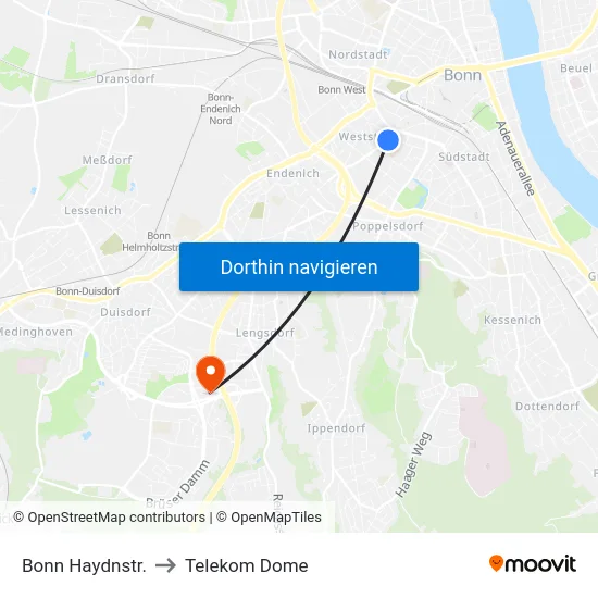 Bonn Haydnstr. to Telekom Dome map