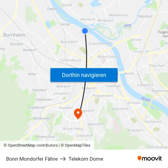 Bonn Mondorfer Fähre to Telekom Dome map