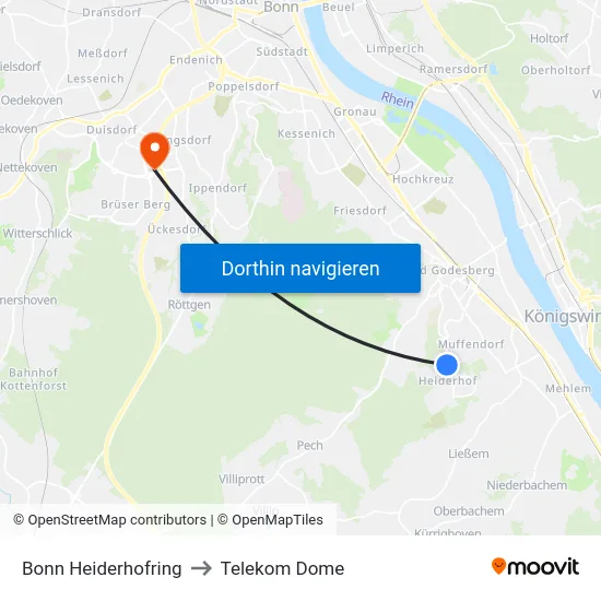 Bonn Heiderhofring to Telekom Dome map