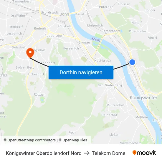 Königswinter Oberdollendorf Nord to Telekom Dome map