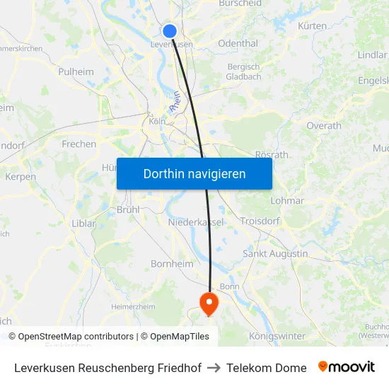 Leverkusen Reuschenberg Friedhof to Telekom Dome map