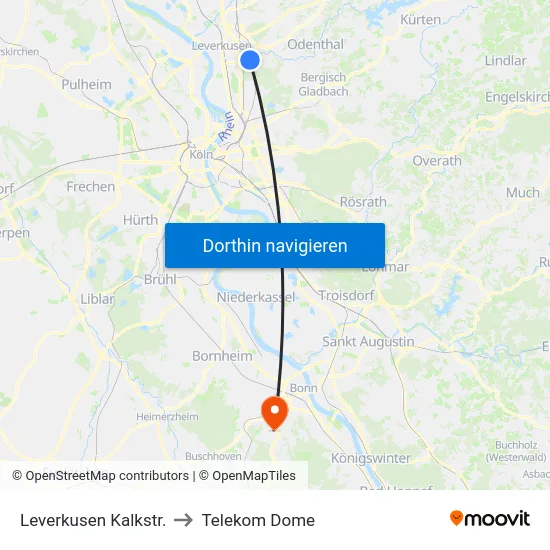 Leverkusen Kalkstr. to Telekom Dome map