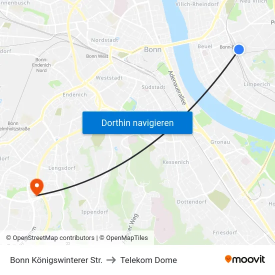 Bonn Königswinterer Str. to Telekom Dome map