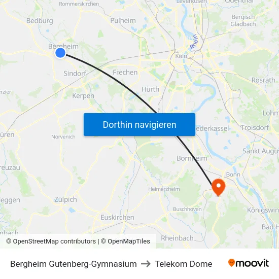 Bergheim Gutenberg-Gymnasium to Telekom Dome map