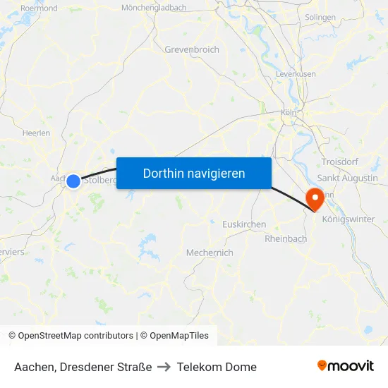 Aachen, Dresdener Straße to Telekom Dome map