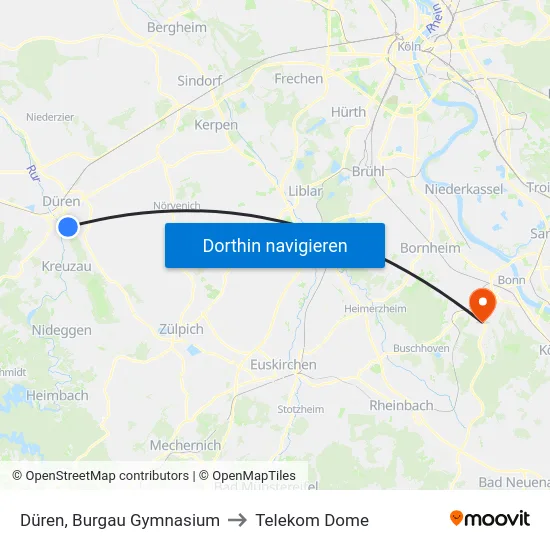 Düren, Burgau Gymnasium to Telekom Dome map