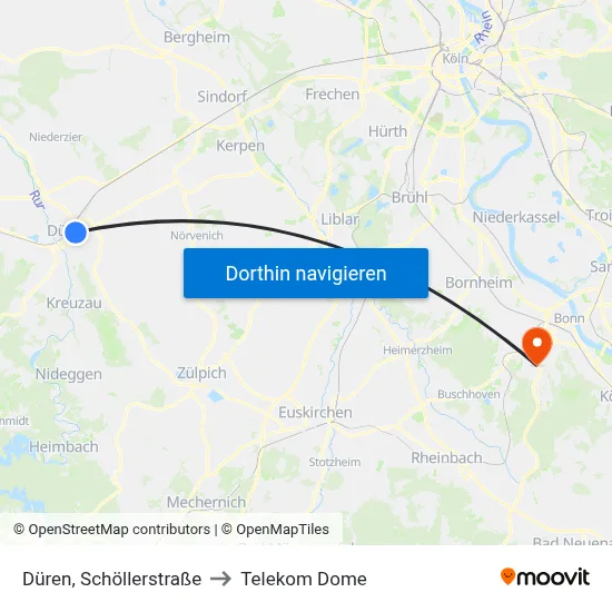 Düren, Schöllerstraße to Telekom Dome map