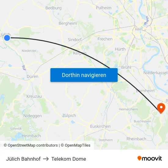 Jülich Bahnhof to Telekom Dome map