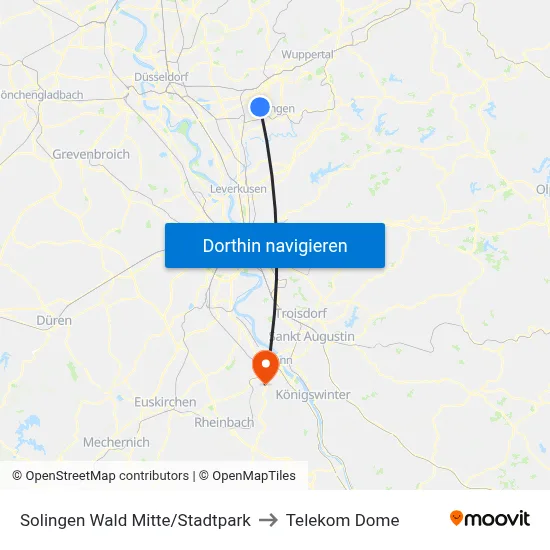 Solingen Wald Mitte/Stadtpark to Telekom Dome map