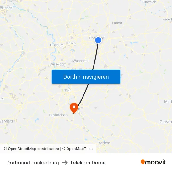 Dortmund Funkenburg to Telekom Dome map