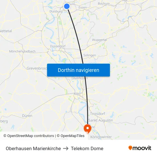 Oberhausen Marienkirche to Telekom Dome map