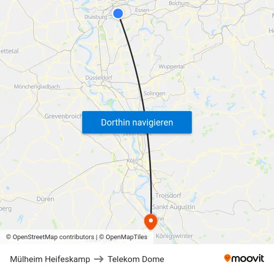Mülheim Heifeskamp to Telekom Dome map