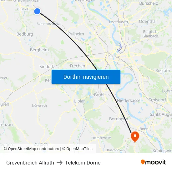 Grevenbroich Allrath to Telekom Dome map