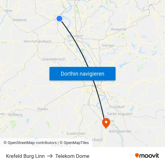 Krefeld Burg Linn to Telekom Dome map