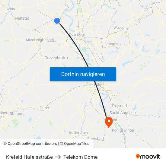 Krefeld Hafelsstraße to Telekom Dome map