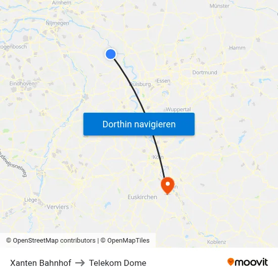 Xanten Bahnhof to Telekom Dome map