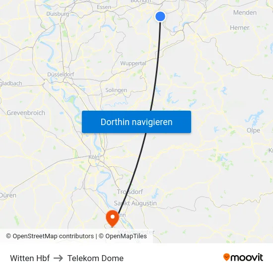 Witten Hbf to Telekom Dome map