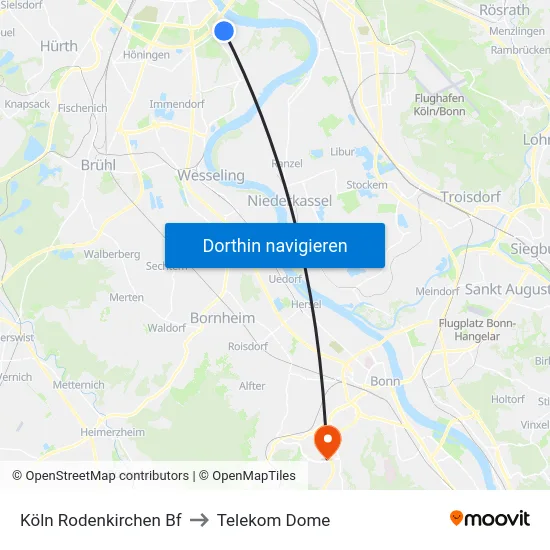 Köln Rodenkirchen Bf to Telekom Dome map