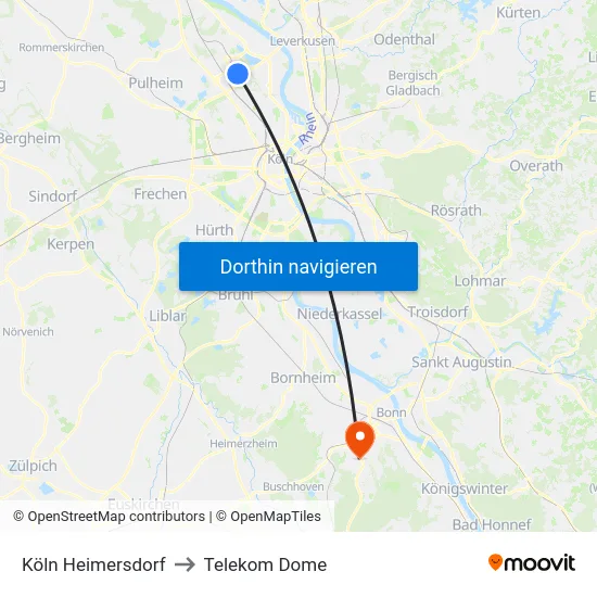 Köln Heimersdorf to Telekom Dome map