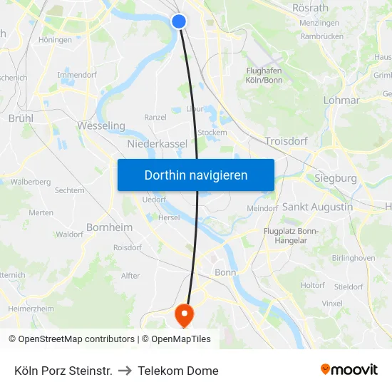 Köln Porz Steinstr. to Telekom Dome map