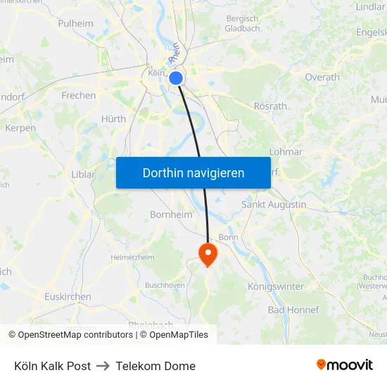 Köln Kalk Post to Telekom Dome map