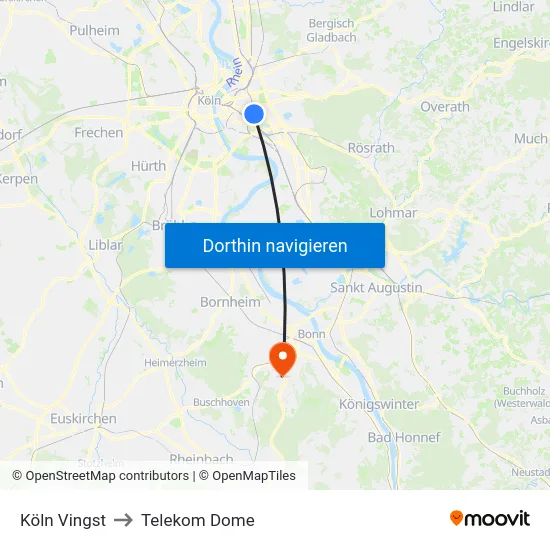 Köln Vingst to Telekom Dome map