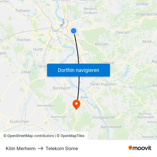 Köln Merheim to Telekom Dome map