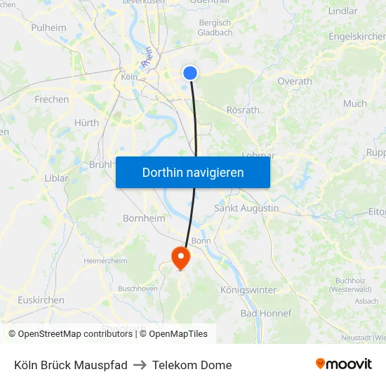Köln Brück Mauspfad to Telekom Dome map