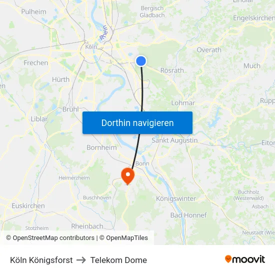 Köln Königsforst to Telekom Dome map