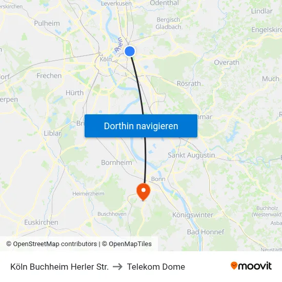 Köln Buchheim Herler Str. to Telekom Dome map