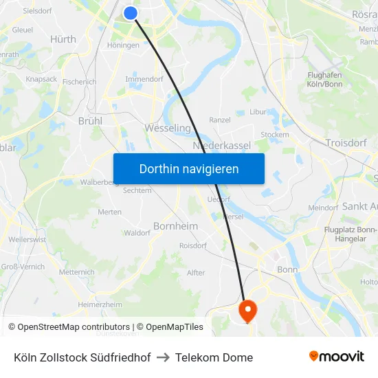 Köln Zollstock Südfriedhof to Telekom Dome map