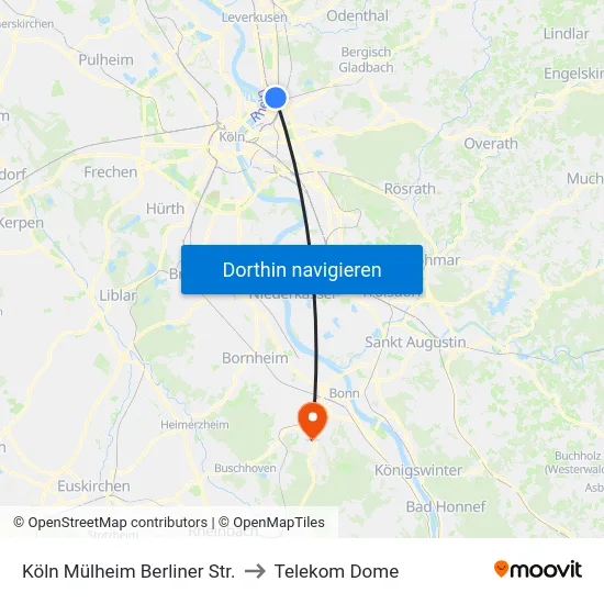 Köln Mülheim Berliner Str. to Telekom Dome map