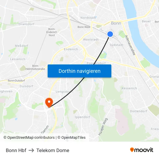Bonn Hbf to Telekom Dome map