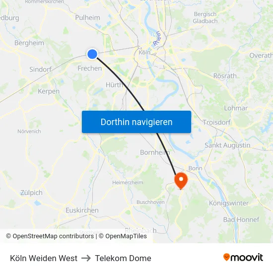 Köln Weiden West to Telekom Dome map