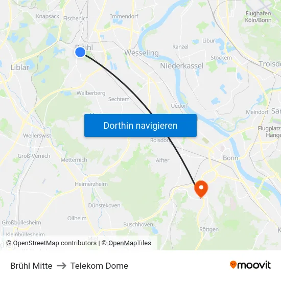 Brühl Mitte to Telekom Dome map