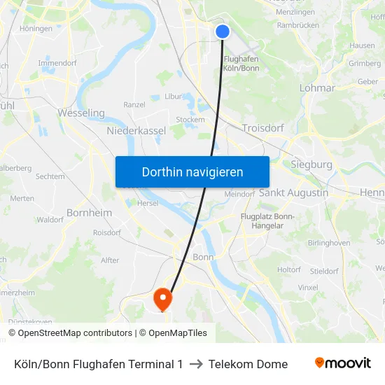 Köln/Bonn Flughafen Terminal 1 to Telekom Dome map