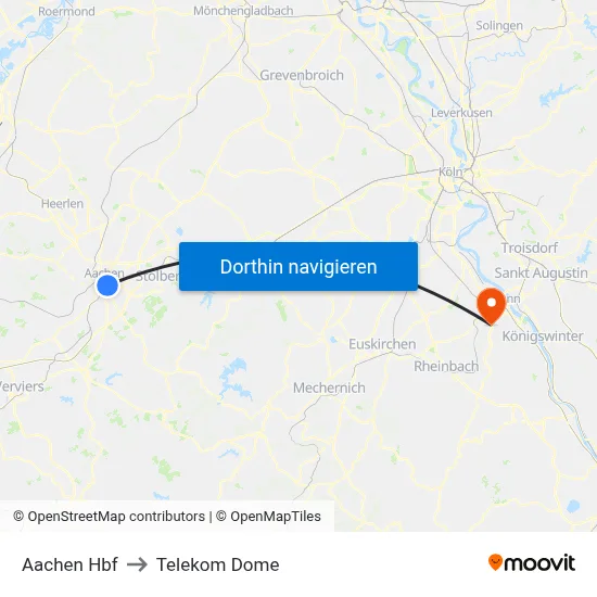 Aachen Hbf to Telekom Dome map