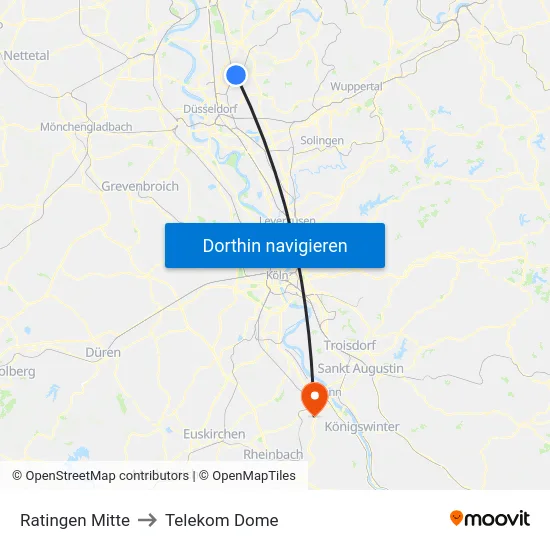 Ratingen Mitte to Telekom Dome map