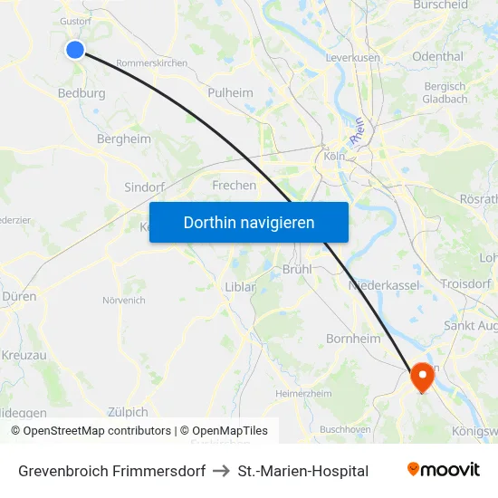 Grevenbroich Frimmersdorf to St.-Marien-Hospital map