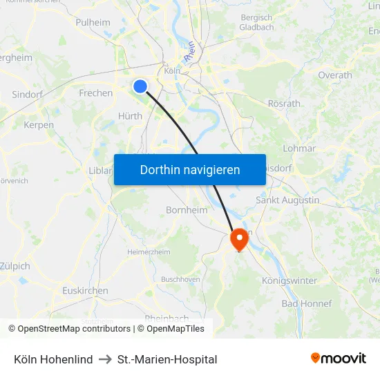 Köln Hohenlind to St.-Marien-Hospital map