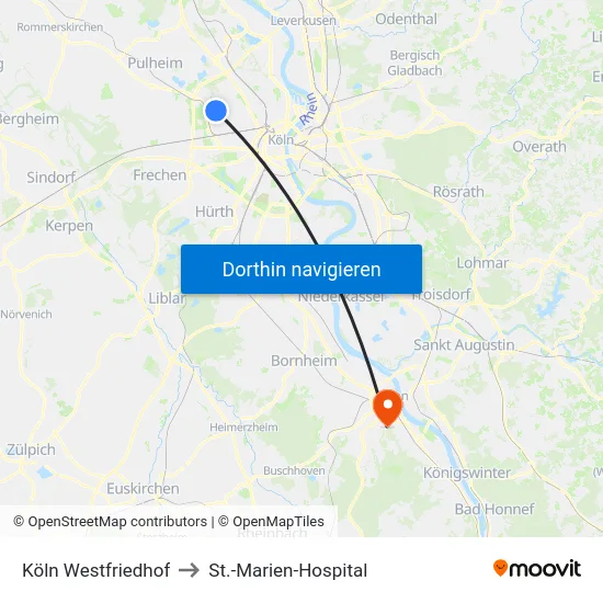 Köln Westfriedhof to St.-Marien-Hospital map